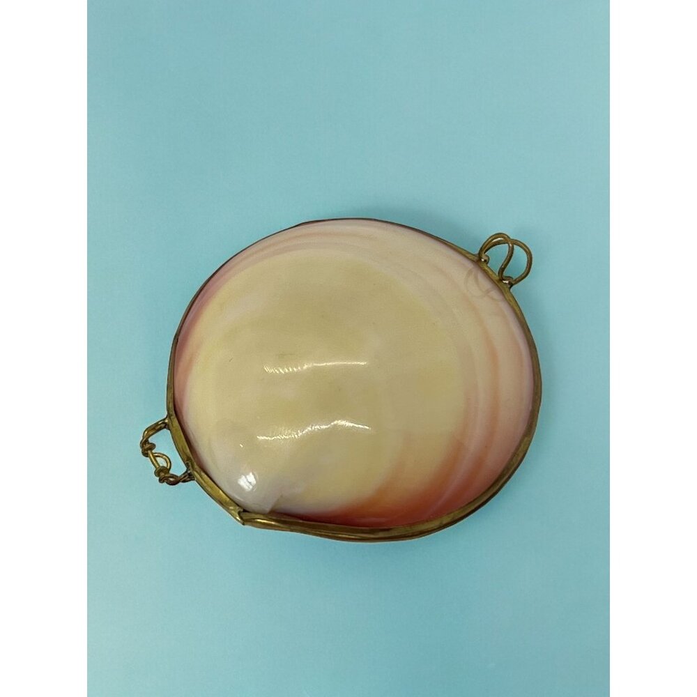 Vintage Capiz Mother of Pearl Shell Trinket Box Coin Purse Brass Rim Opens